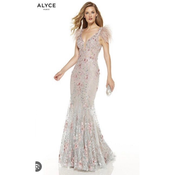 Alyce Paris 60738 mauve silver feather shoulder flower detail prom pageant dress - Picture 1 of 3